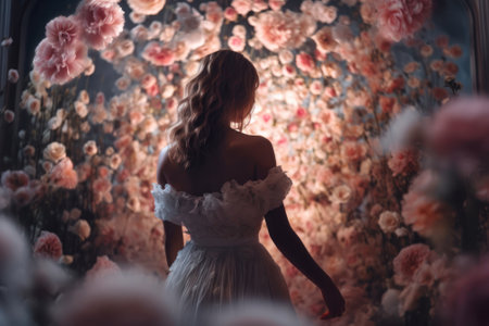 woman beauty bride in a wedding dress back view flowers arc background generative ai.の素材