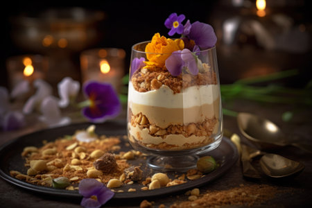 beautiful ice cream with nuts in a glass and decorated with flowers generative ai.の素材