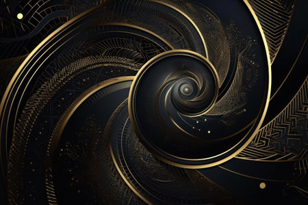 spiral golden lines on black abstract background generative ai.の素材