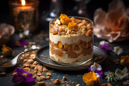 beautiful ice cream with nuts in a glass and decorated with flowers generative ai.の素材