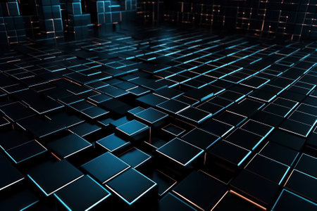 small cubes cells black blue digital technology background generative ai.の素材