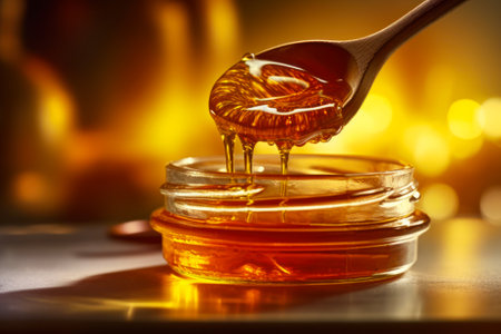 fresh clear bee honey dripping from a spoon in glass jar generative ai.の素材