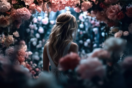 woman beauty bride in a wedding dress back view flowers arc background generative ai.の素材
