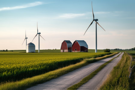 windmills near the house in the field generative ai.の素材
