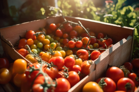 organic red tomatoes in crates generative ai.の素材