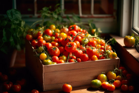 organic red tomatoes in crates generative ai.の素材