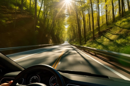driving car in sunny weather, summer road trip generative ai.の素材