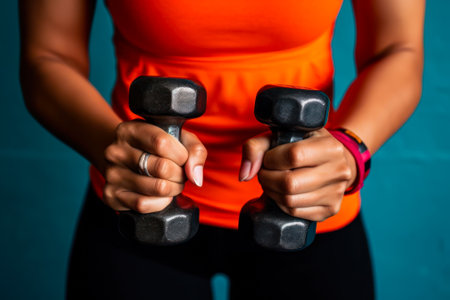 sporty woman hands with dumbbells, fitness workout generative ai.の素材