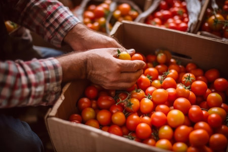 sorting red tomatoes in boxes harvested from the garden generative ai.の素材
