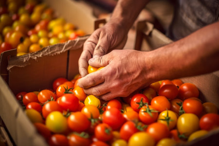 sorting red tomatoes in boxes harvested from the garden generative ai.の素材