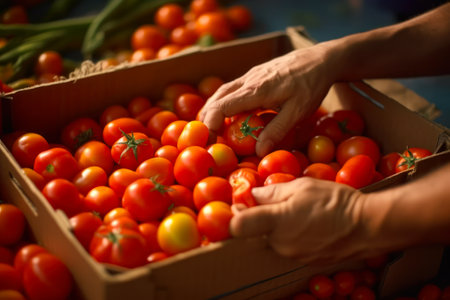 sorting red tomatoes in boxes harvested from the garden generative ai.の素材