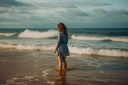 woman in sea water on the evening seashore generative ai.の素材