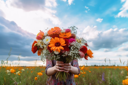 girl in the field holding a summer bouquet of flowers generative ai.の素材