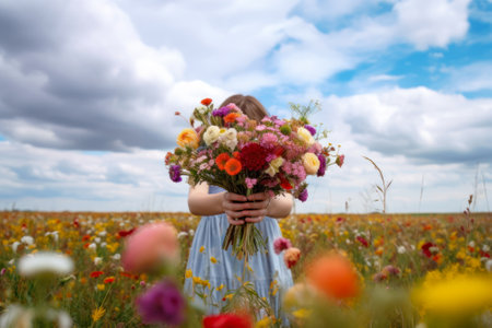 girl in the field holding a summer bouquet of flowers generative ai.の素材