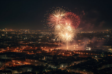 festive evening fireworks over the city generative ai.の素材