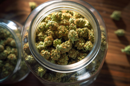 aroma dried cannabis buds in glass jar top view generative ai.の素材