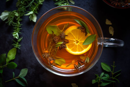 black herbal tea with lemon top view generative ai.の素材