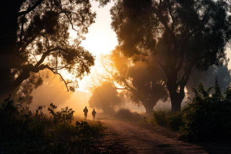 jogging in the morning foggy park generative ai.の素材