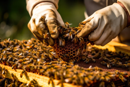 the beekeeper hands are trying to collect honey from a hive covered with bees generative ai.の素材