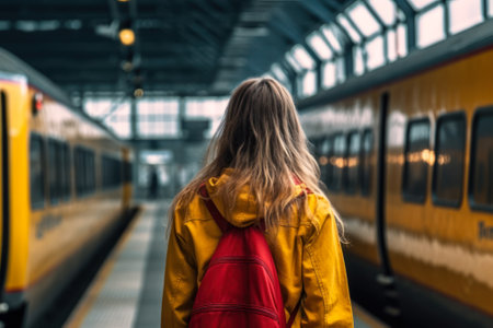 girl on the platform of the railway station back view generative ai.の素材
