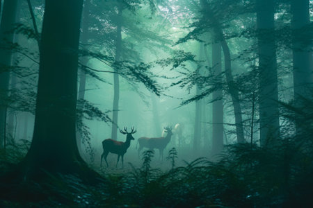 forest deer at night generative ai.の素材