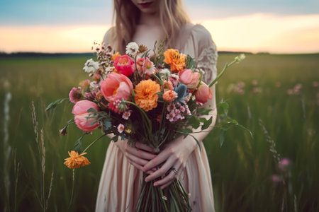 girl in a light summer dress with flower bouquet generative ai.の素材