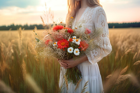 girl with a summer bouquet of flowers in a wheat field generative ai.の素材
