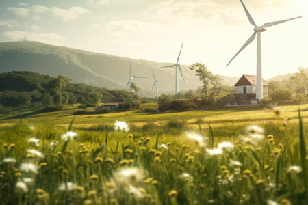 wind generators in the village on the field generative ai.の素材