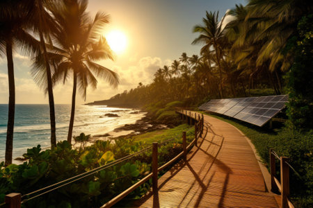 solar panels along a neat wooden path among tall palm trees along the azure sea generative ai.の素材