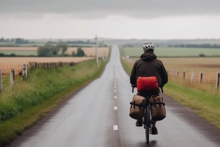 a man rides a bicycle on an empty road among a beautiful field, the concept of cycling travel generative ai.の素材