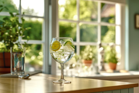 a glass with refreshing water with ice cubes and lemon slices on a wooden table in a bright modern kitchen copy space generative ai.の素材
