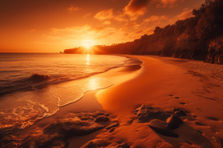 beautiful warm sunset on the seashore, soft calm waves of sea water in the warm light of the golden sun generative ai.の素材
