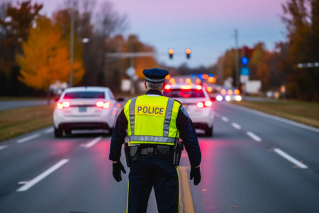 a policeman in a yellow vest keeps order on the road, rear view generative ai.の素材