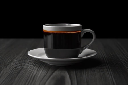 dark coffee cup with hot coffee on the table on a dark background generative ai.の素材