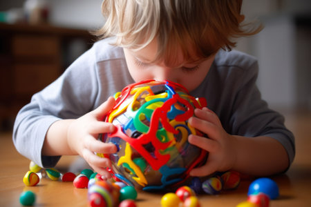 close-up of the hands of a child playing with multi-colored sensory balls for the development of fine motor skills, toys for children with autism generative ai.の素材