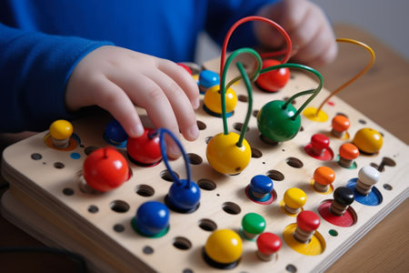 close-up of the hands of a child playing with multi-colored sensory balls for the development of fine motor skills, toys for children with autism generative ai.の素材