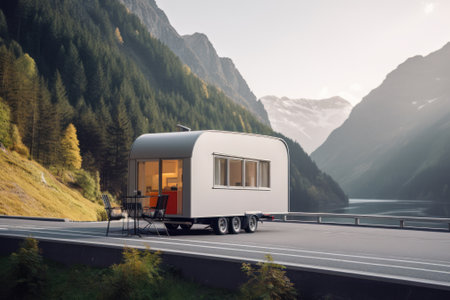beautiful modern mobile home on an empty road against the backdrop of a beautiful mountain landscape generative ai.の素材