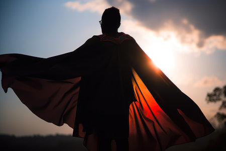 a man in a raincoat stands on a mountain at sunset close-up rear view generative ai.の素材