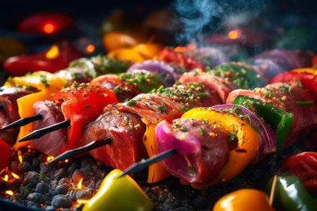 pieces of meat and pieces of vegetables on a stick, juicy tasty shish kebab close-up generative ai.の素材