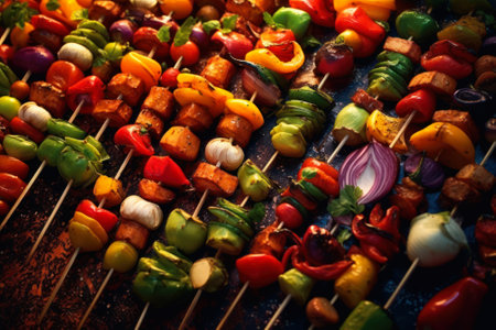 pieces of meat and pieces of vegetables on a stick, juicy tasty kebab on a dark background, top view generative ai.の素材