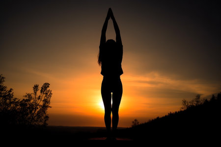 silhouette of a girl on the field against the backdrop of a beautiful sky at sunset generative ai.の素材
