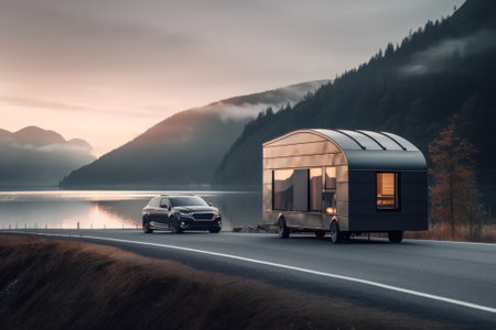 Photo for beautiful modern mobile home on an empty road against the backdrop of a beautiful mountain landscape generative ai. - Royalty Free Image