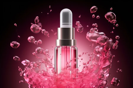 glass bottle with splashes and rose petals, conceptual cosmetics, beauty, body care generative ai.の素材
