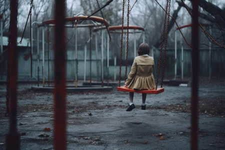 an old swing where the girl sits with her back on an empty playground on a cloudy gray day, mystical, horor generative ai generative ai.の素材
