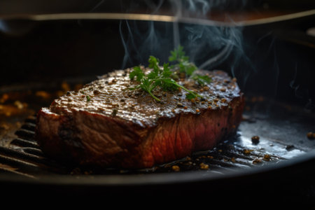 a piece of juicy steak with greens is fried in a frying pan close-up generative ai.の素材