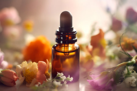 glass bottle with essential oils in the environment of a flower arrangement and close-up generative ai.の素材
