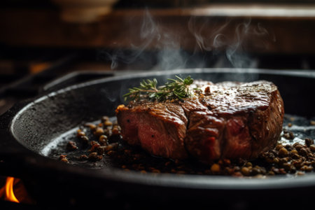 a piece of juicy steak with greens is fried in a frying pan close-up generative ai.の素材