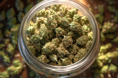 top view of glass jar with dry hemp buds generative ai.の素材
