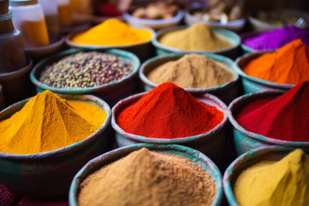 variety of spices on the market in pots close-up generative ai.の素材