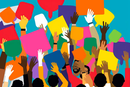artistic image of people's hands holding blank signs, multicolored colorful image, communication concept, robot in a group generative ai.の素材